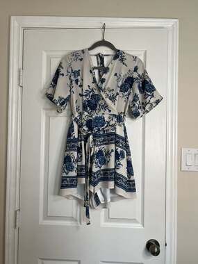 Trixxi Blue and White Floral Wrap Front Romper with Tie Waist, Size L
